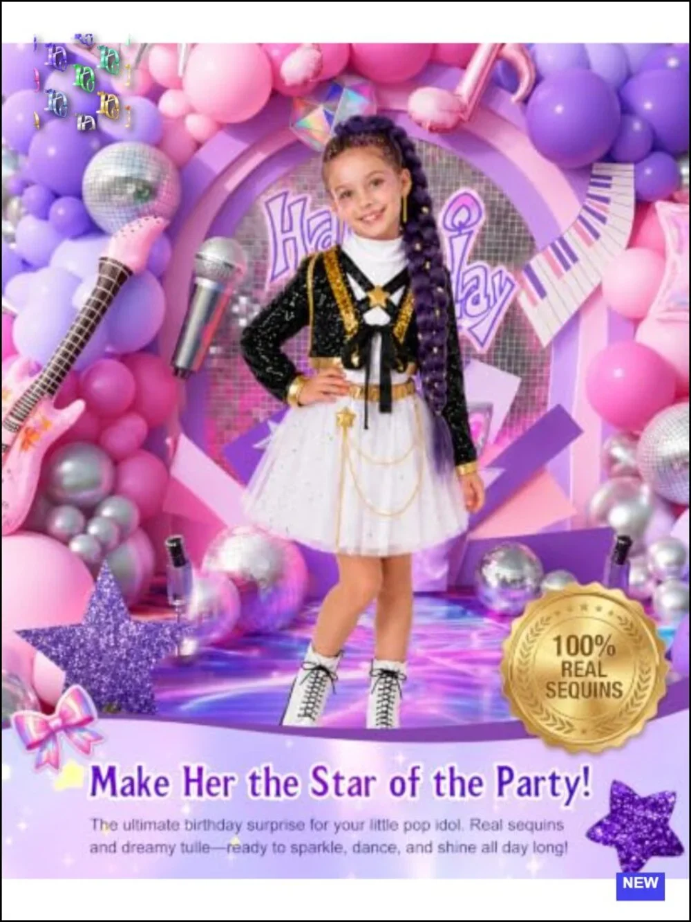 Girls Pop Singer Halloween Costume Sequin Jacket Tulle Skirt 6-Piece Set